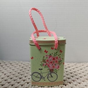 Green Floral Bicycle Tin with Pink Handle